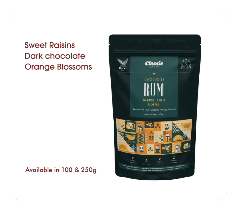 Classic Two Indies Rum Barrel-Aged Coffee — Light to Medium roast Arabica coffee from Manjarabad