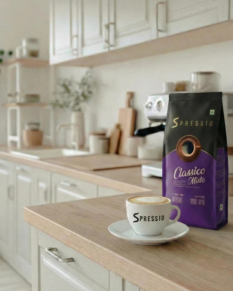 Spressio Classico Misto Dark Roast Ground Coffee - 80% Arabica 20% Robusta. Café-Style Coffee with Extra Body and Crema. A Smooth, Low-Acid Blend Designed for Everyday Espresso and Milk-Based Drinks, Especially Suited for Home Brewing. — medium-dark roast 80% Arabica, 20% Robusta coffee