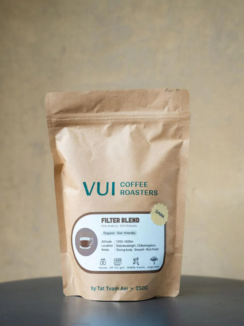 Filter Blend (Dark) — Roasted dark for a strong body and rich, smooth finish. roast 50% Arabica, 50% Robusta coffee from Bababudangiri Range In Chikkamagaluru, Karnataka