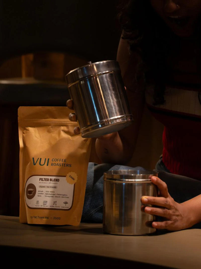 Filter Blend (Dark) — Roasted dark for a strong body and rich, smooth finish. roast 50% Arabica, 50% Robusta coffee from Bababudangiri Range In Chikkamagaluru, Karnataka