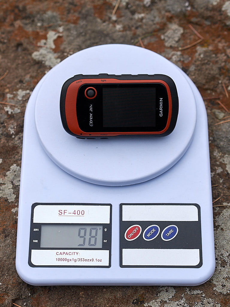 Garmin Etrex 20x - weighs in at 98 grammes (without batteries) on our scale