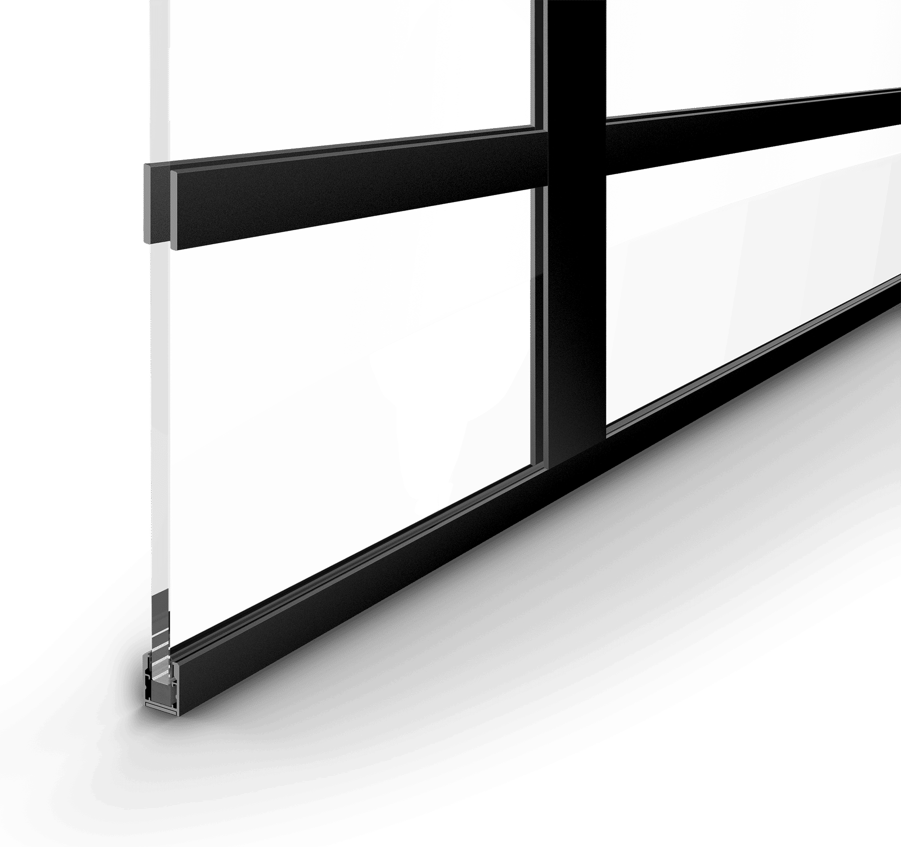Nærbilde-rendering av et svart glassveggprofilsystem.
