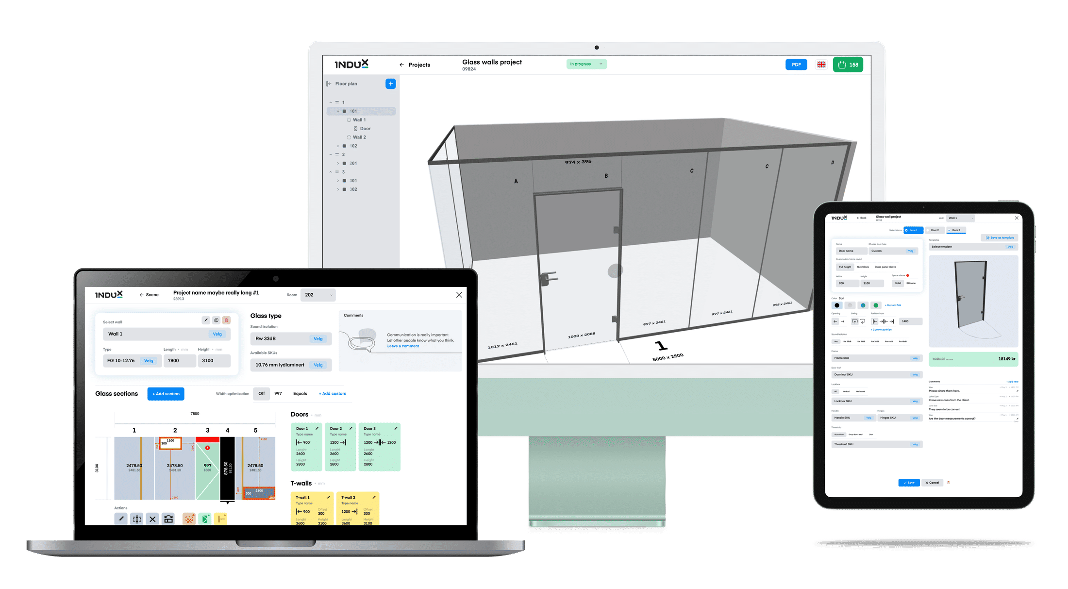 InduX Smart 3D-bygger vist på skjerm, laptop og nettbrett.