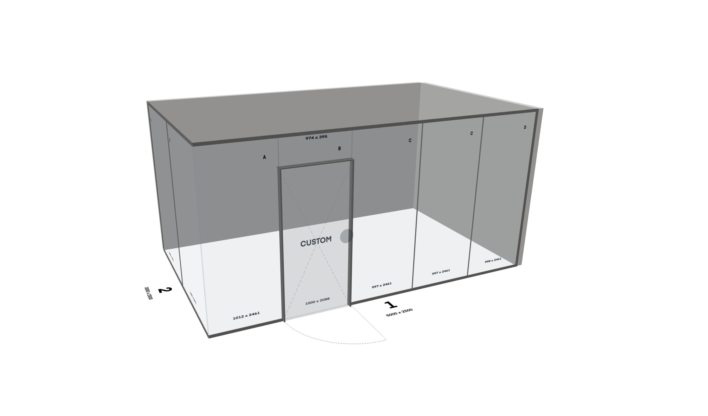 Forhåndsvisning av glassveggprosjekt rendret i InduX 3D Wall builder.