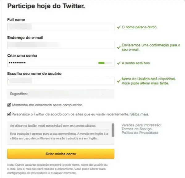 Twitter entrar direto Formulário de cadastro twitter