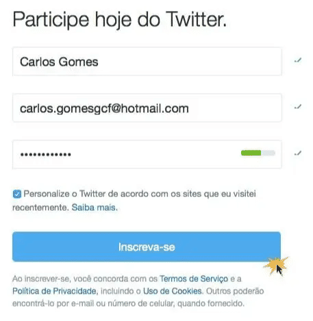 Twitter login direto Dados principais do cadastro no twitter