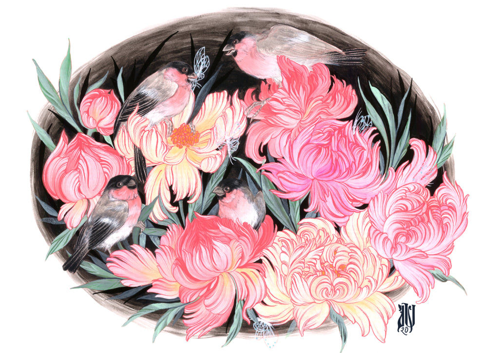 Peonys And Birds