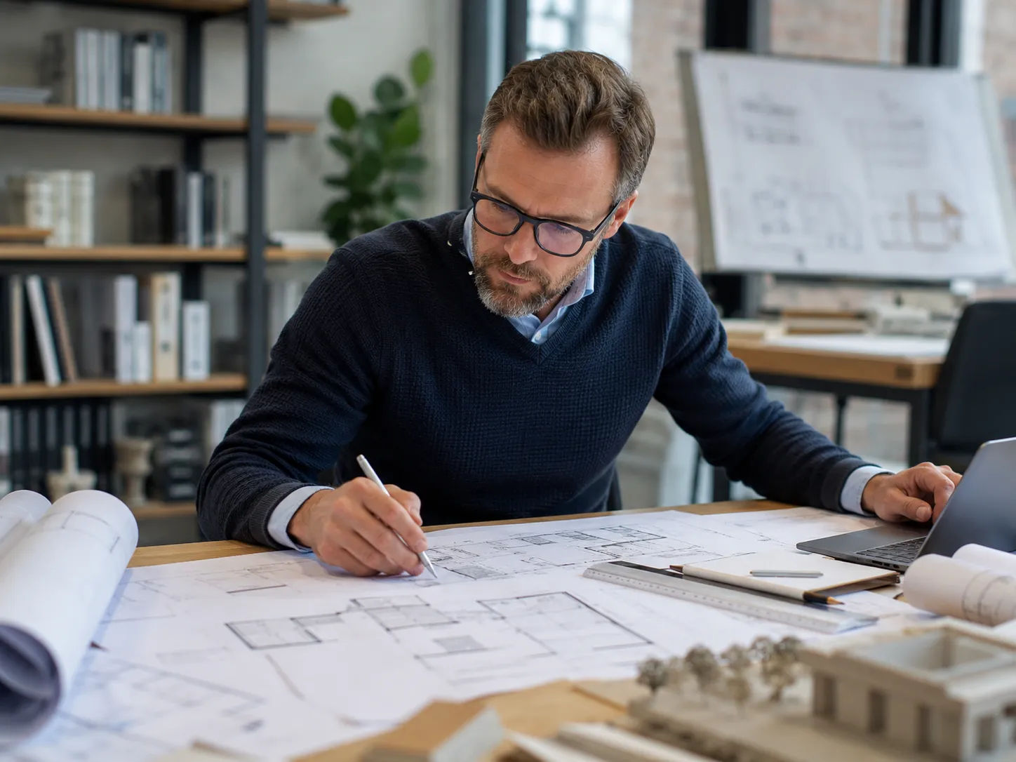 Architectural design services overview — architect reviewing technical drawings at Skyline Design Group