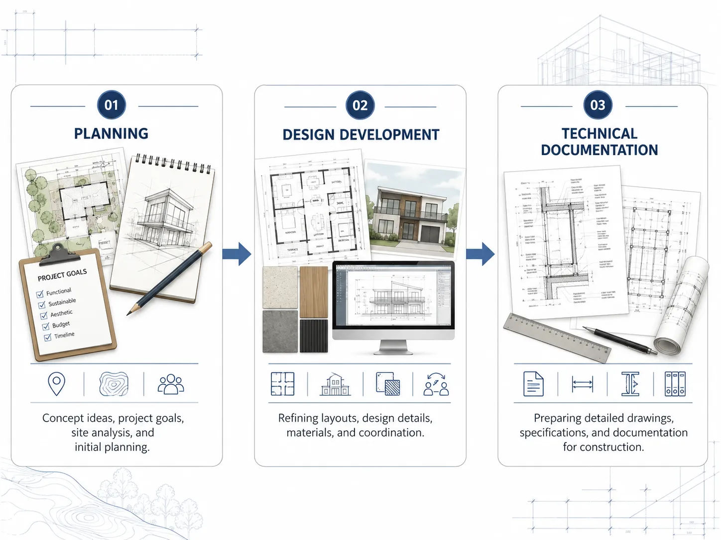 Three stages of architectural design services — planning, design development and technical documentation