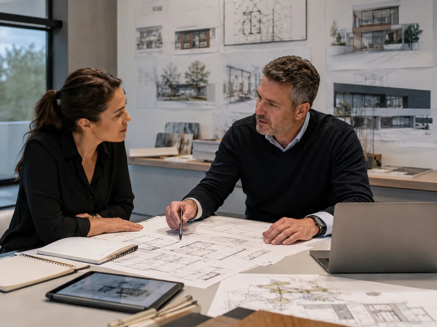 Homeowner reviewing architectural design services scope with Skyline Design Group team