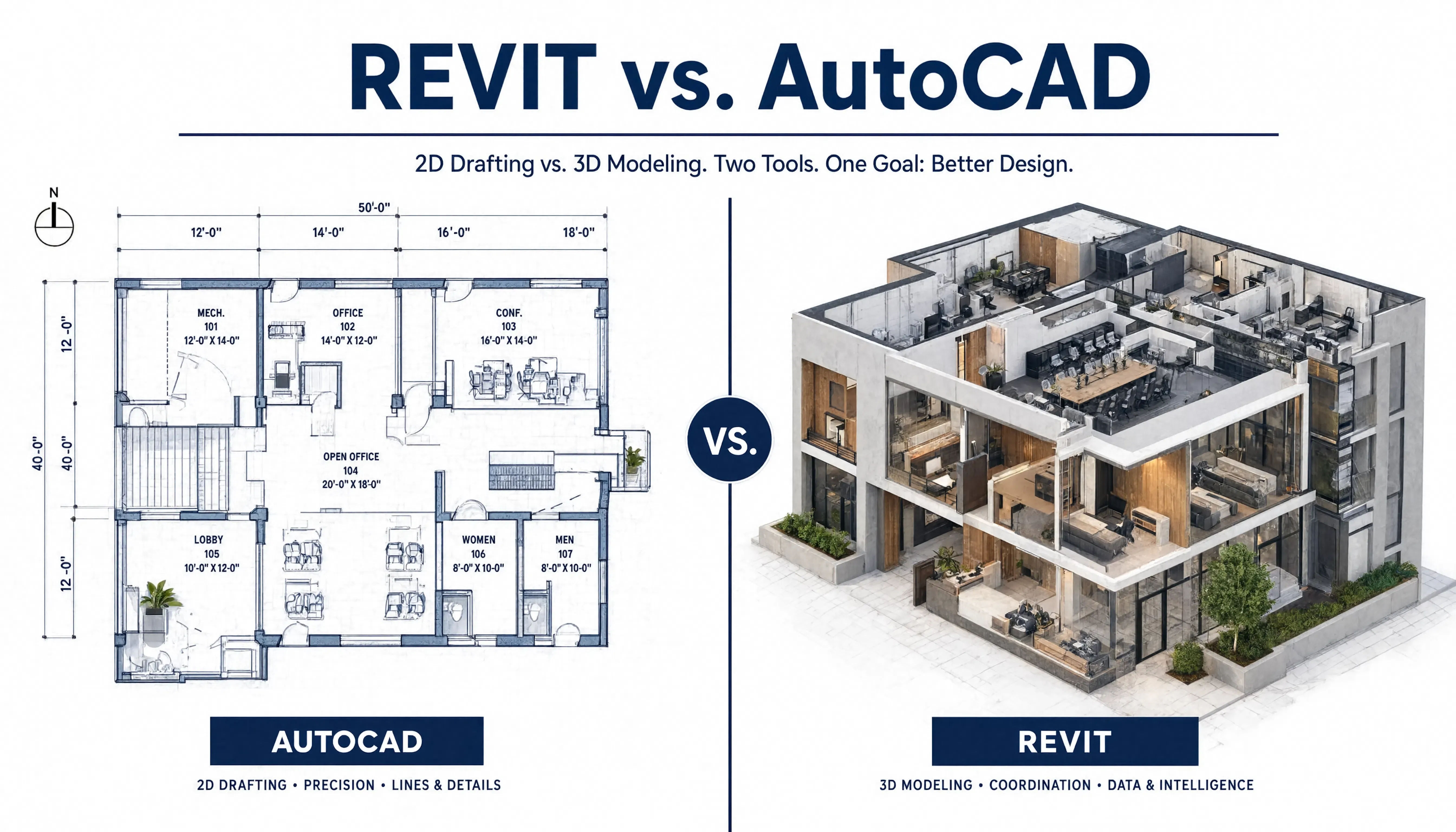 Revit vs AutoCAD comparison showing 2D drafting versus BIM modeling workflow
