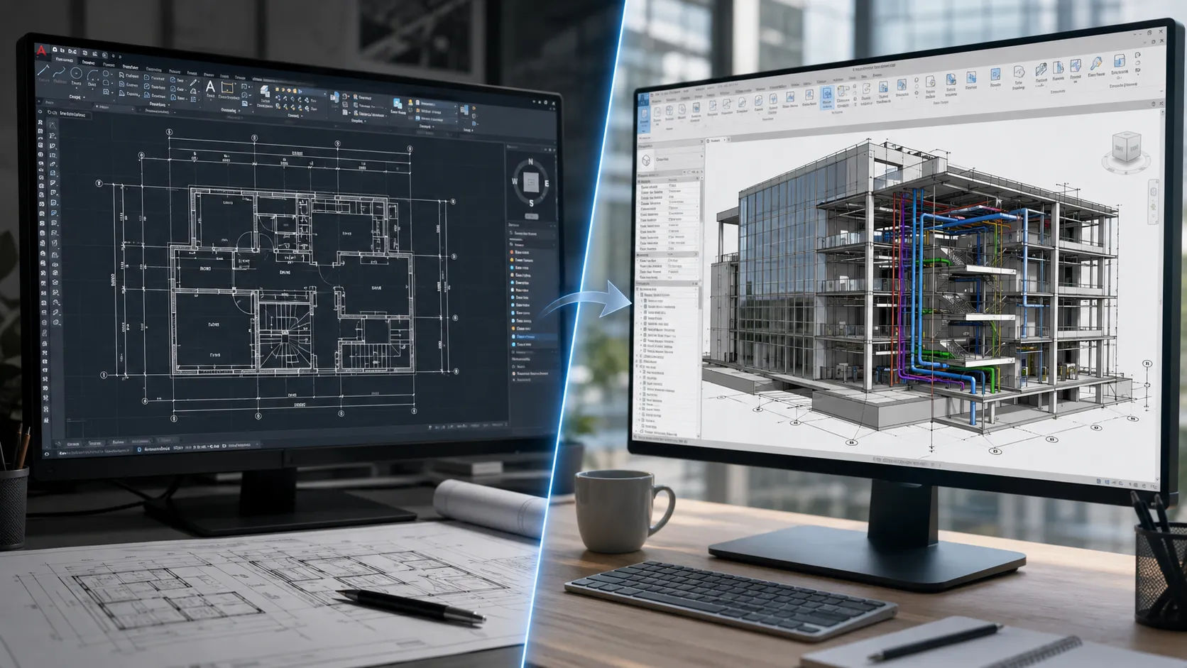 Revit vs AutoCAD comparison showing 2D drafting versus BIM modeling workflow