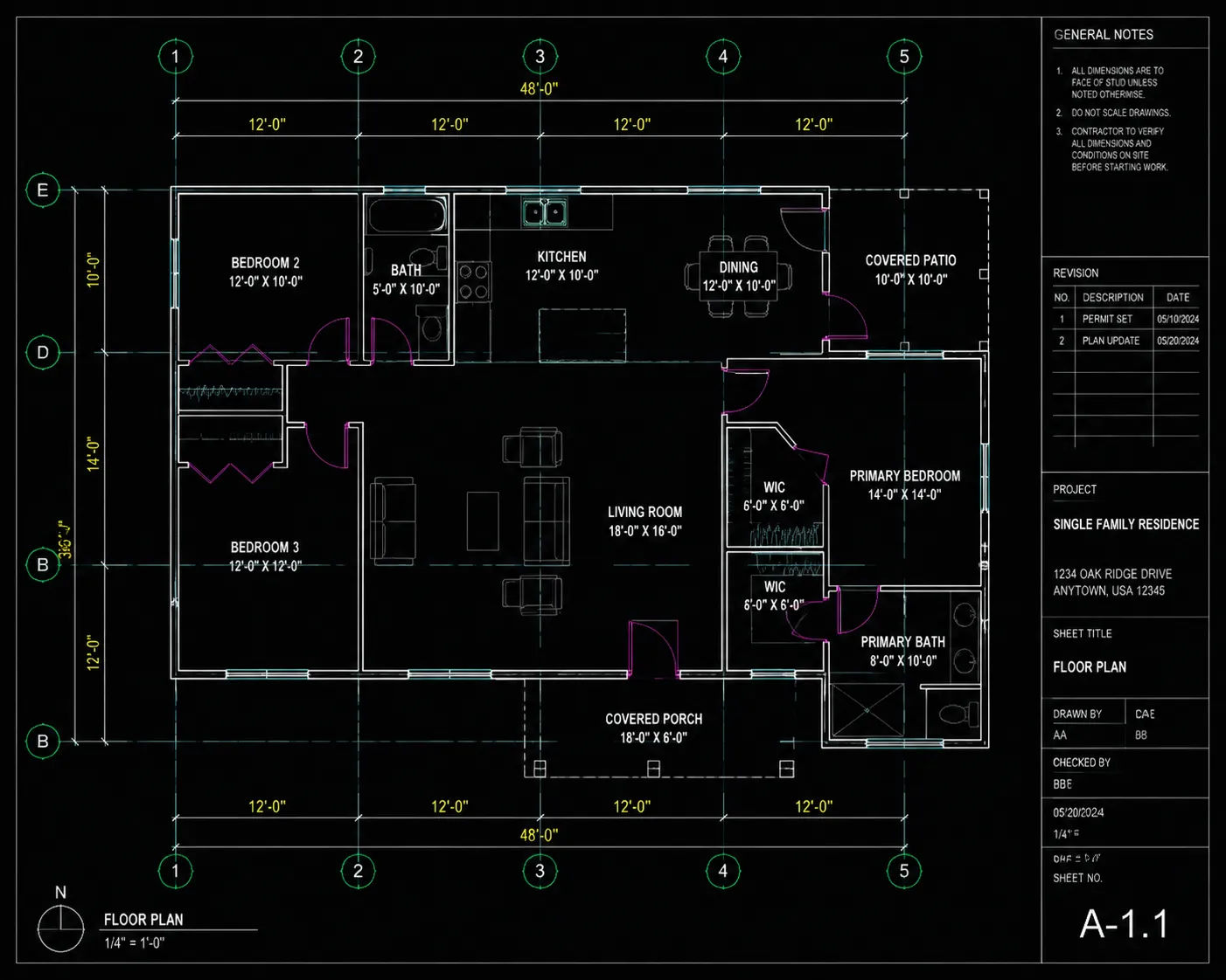 AutoCAD architectural drafting floor plan with dimensions and annotations for permit submission