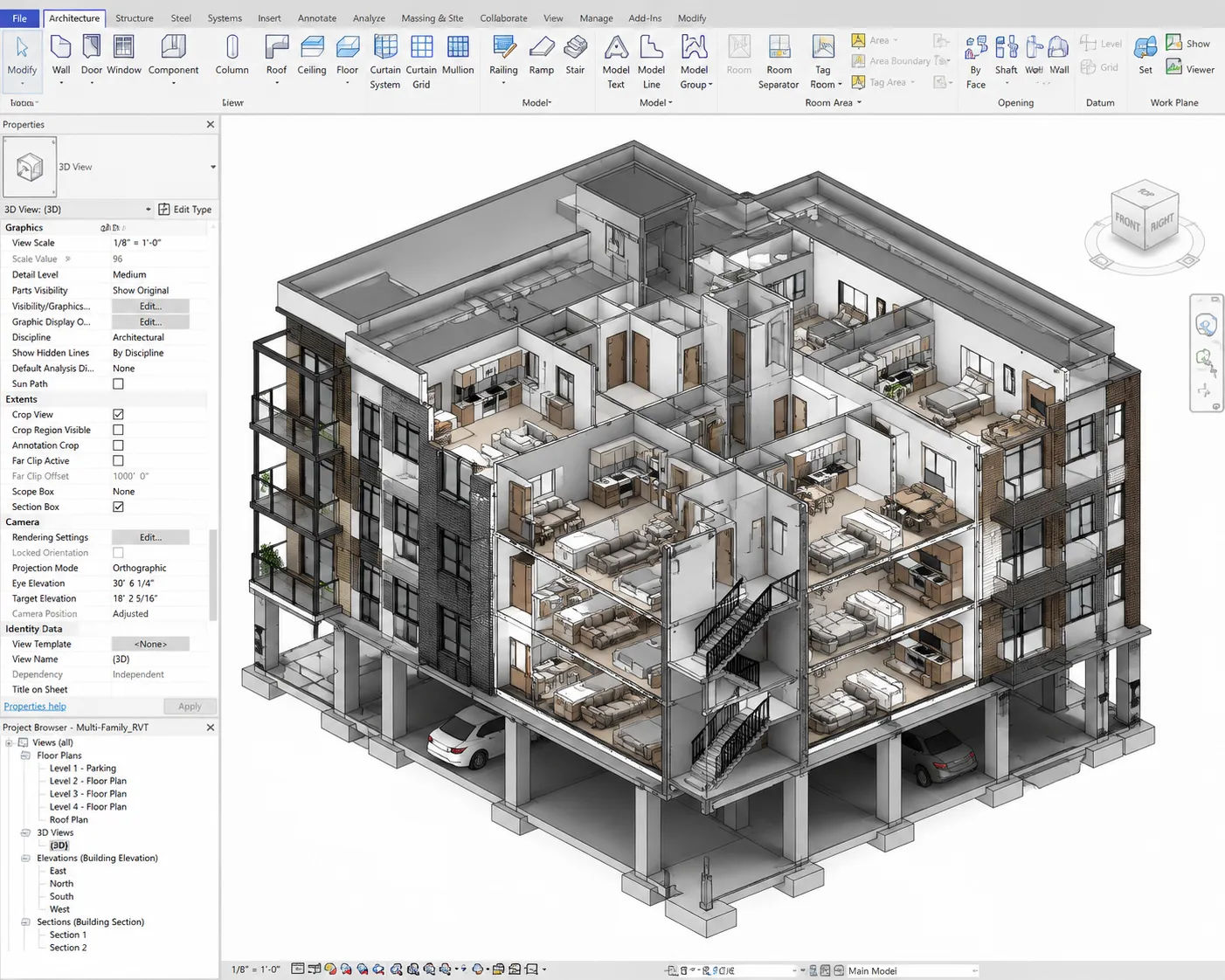 Revit BIM model showing 3D building structure for multi-family residential project