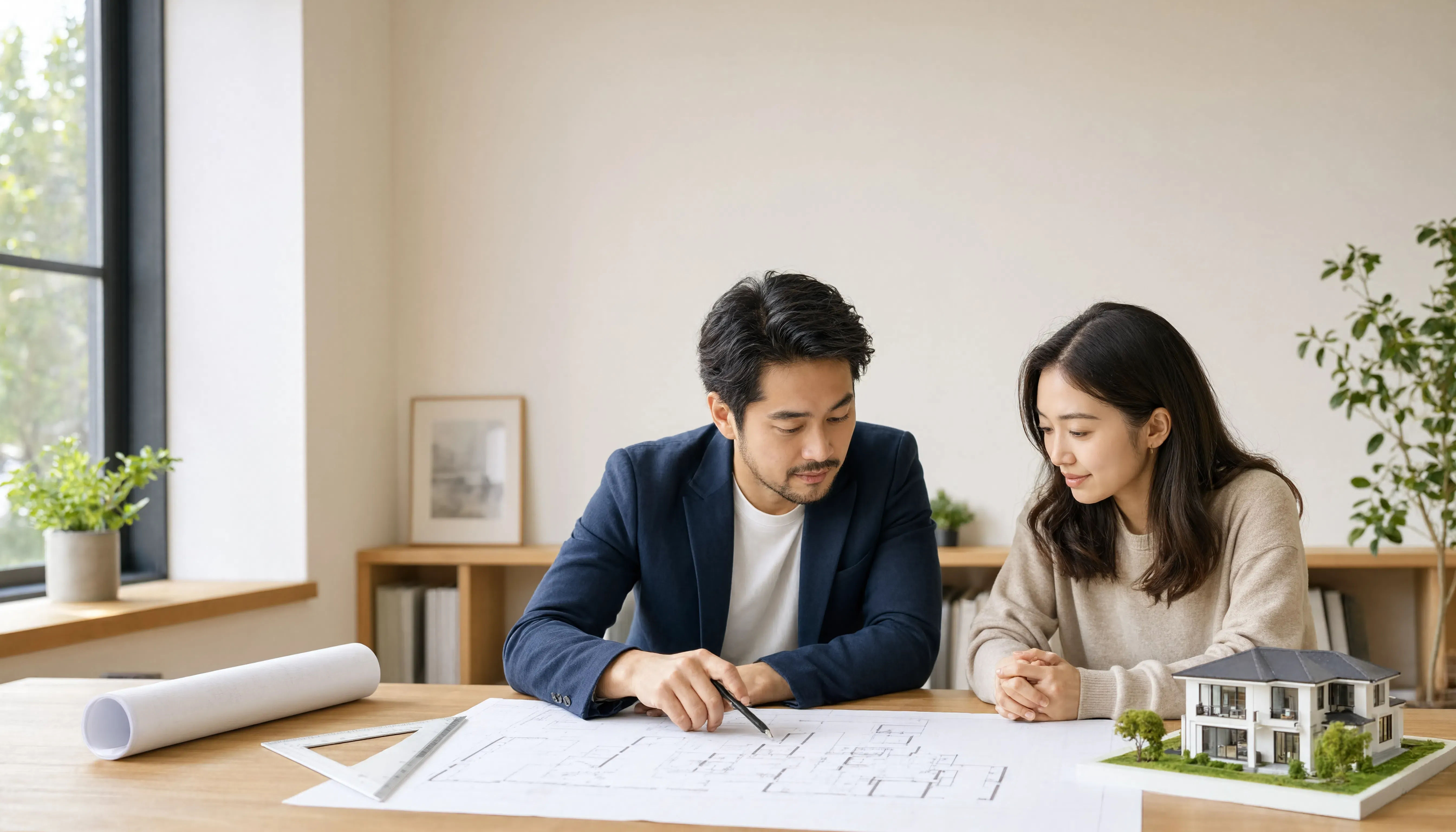 Homeowner reviewing house plans with architect beside a scale model in a bright design office.