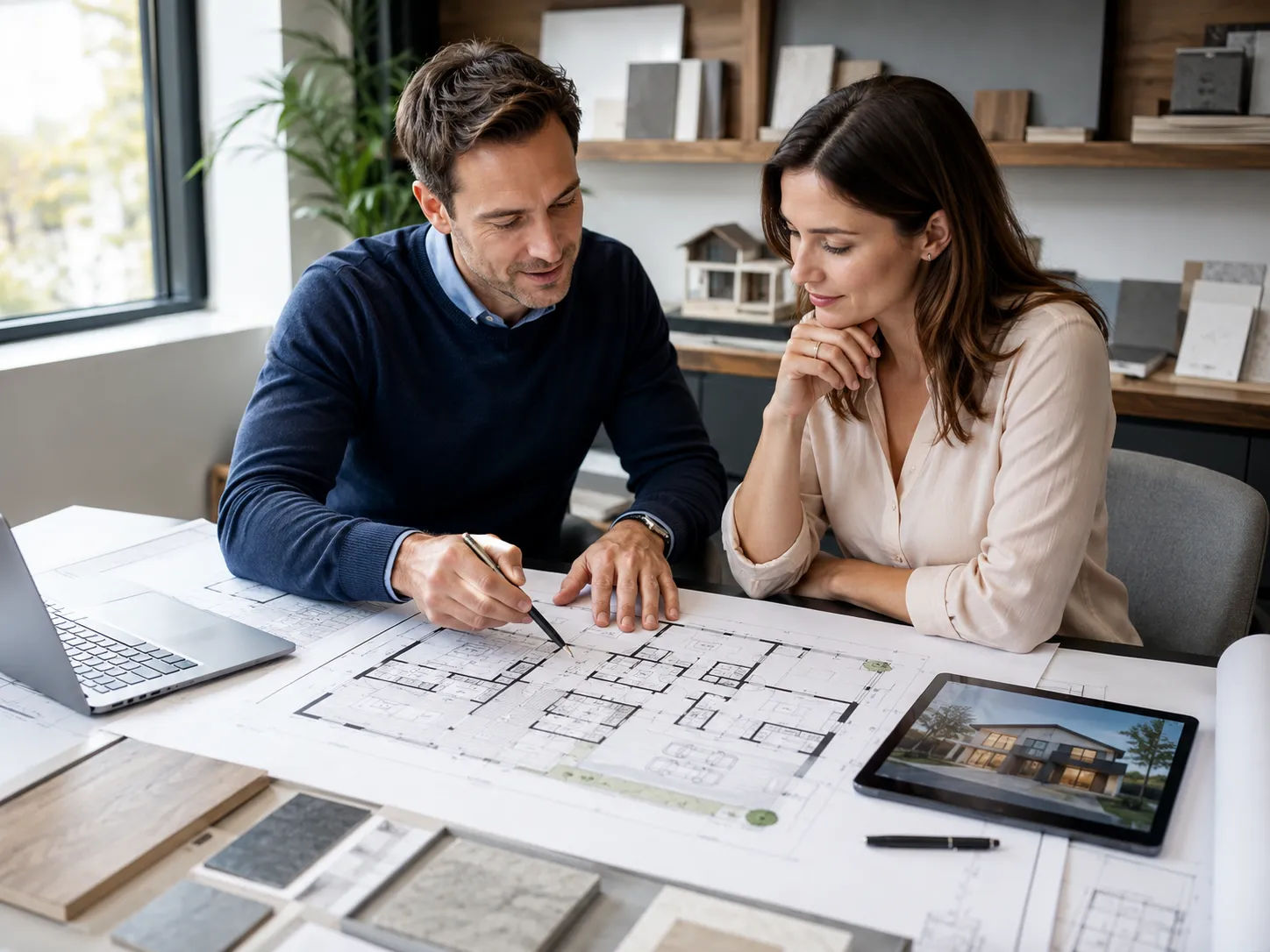 House layout planning session with homeowner and architect reviewing floor plan drawings