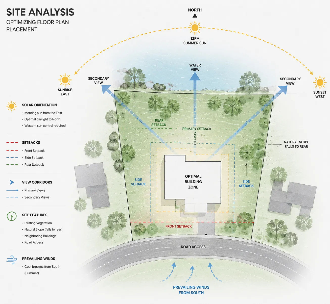 House layout site analysis showing solar orientation, setbacks and view corridors for optimal floor plan placement