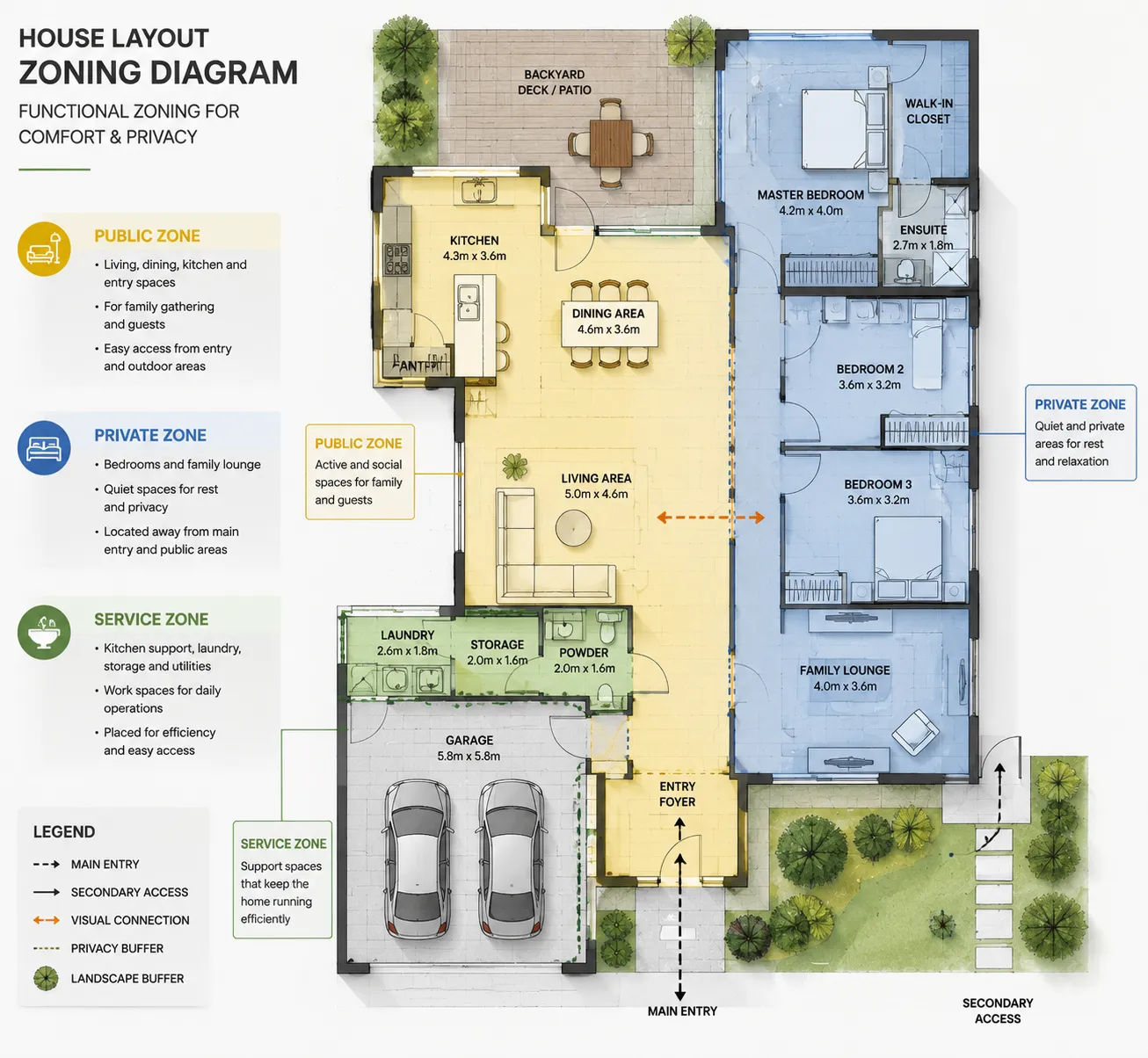 House layout zone diagram showing public living zones, private bedroom zones and service areas in residential floor plan