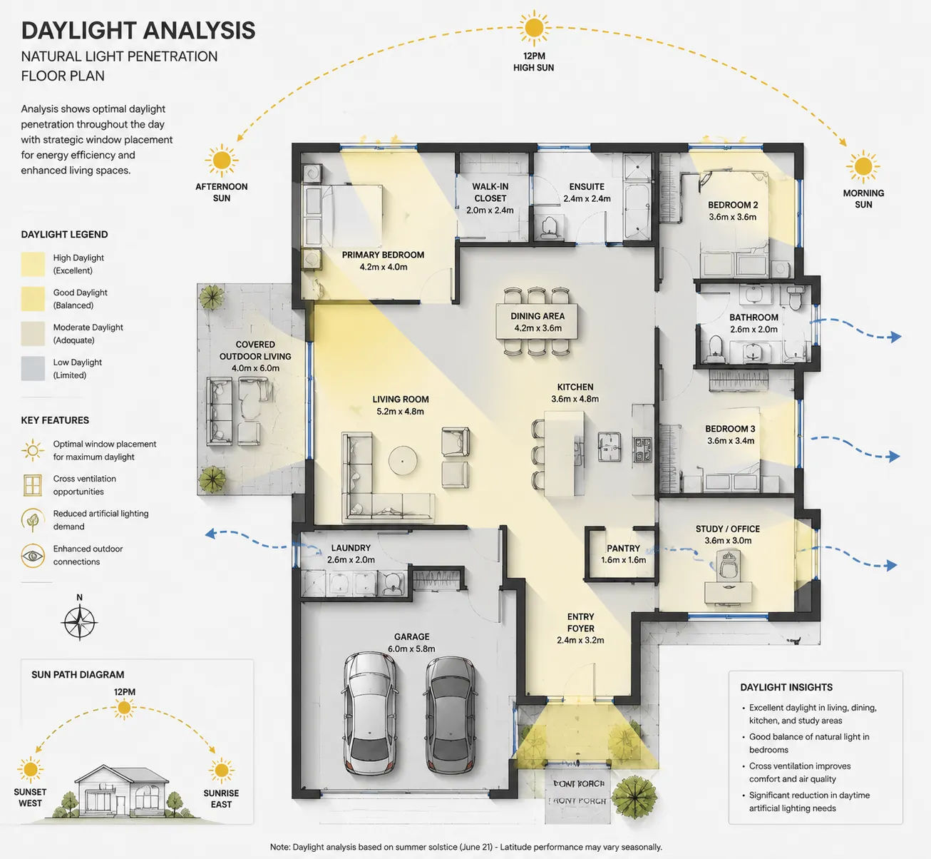 House layout daylight analysis showing natural light penetration through window placement on floor plan