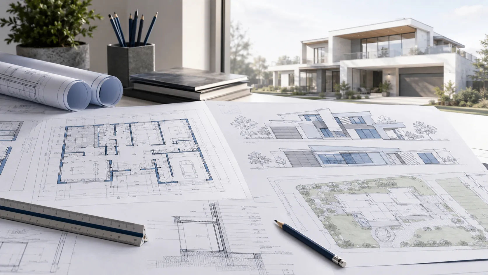 Modern house blueprints with floor plans, elevations and a luxury home design in the background.
