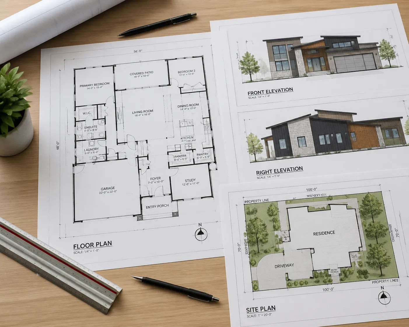 Modern house blueprint package showing floor plans, elevations and site plan for residential construction