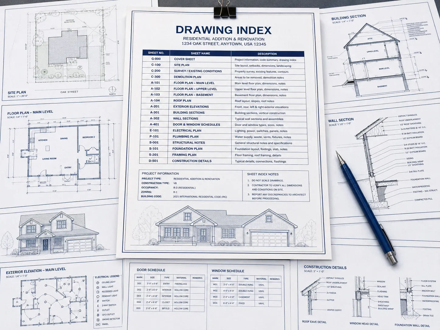 House blueprint package drawing index showing complete set of architectural drawings for residential permit