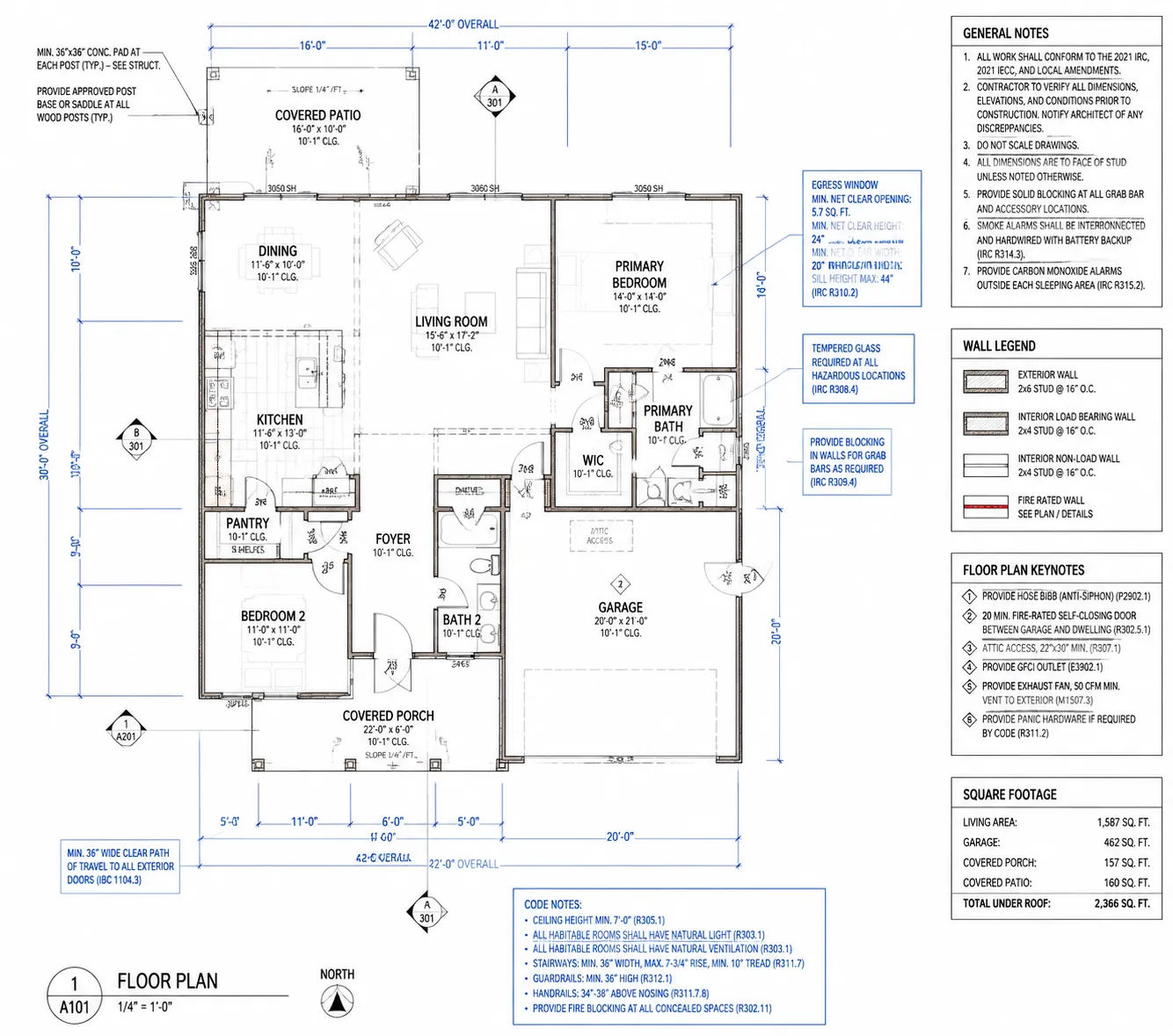Detailed house blueprint floor plan showing dimensions, annotations and building code notes