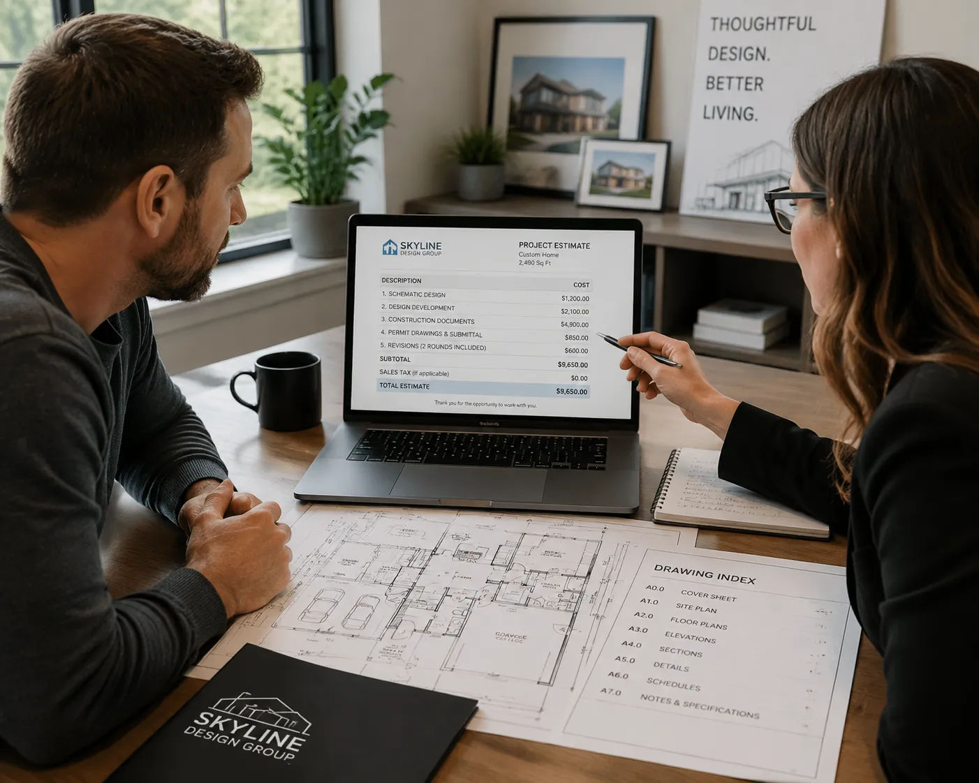Homeowner reviewing house blueprint cost estimate with architectural drafting firm
