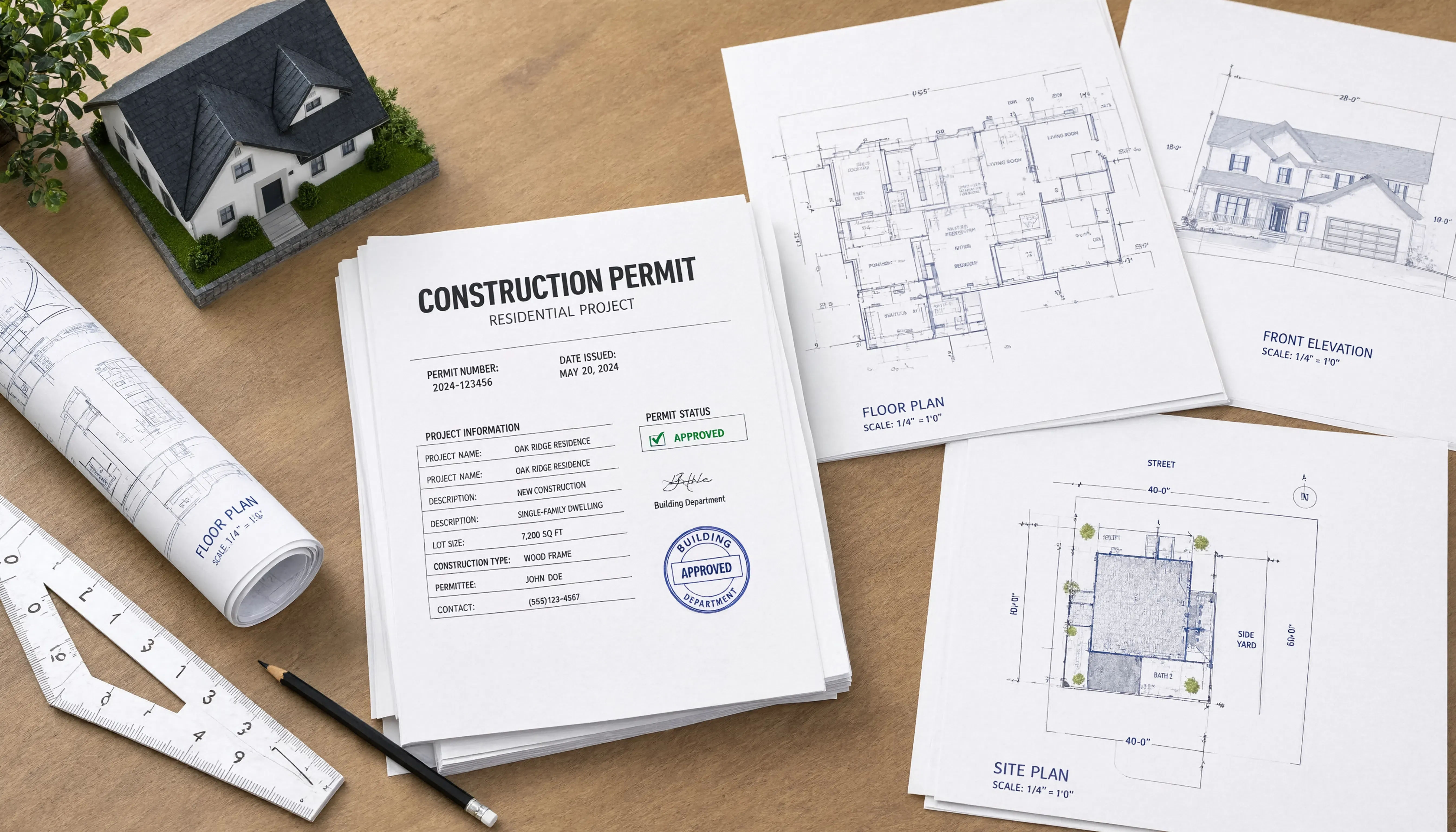 Residential construction permit with floor plans, site plan, elevation and house model.