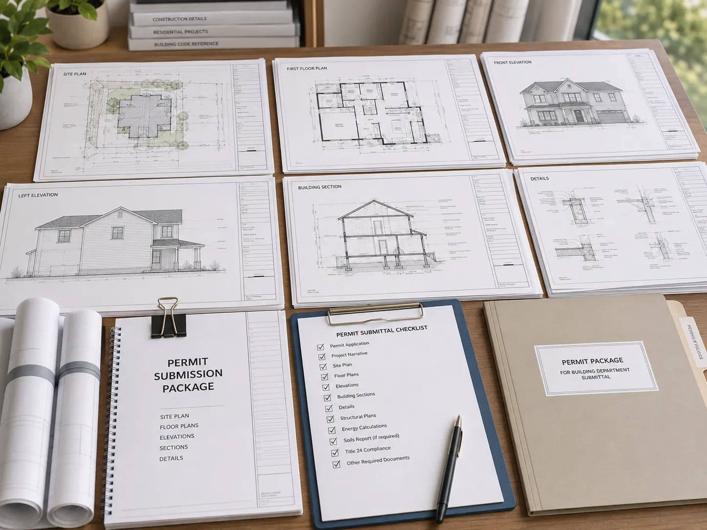 House construction plan permit package showing organized drawing sheets for building department review