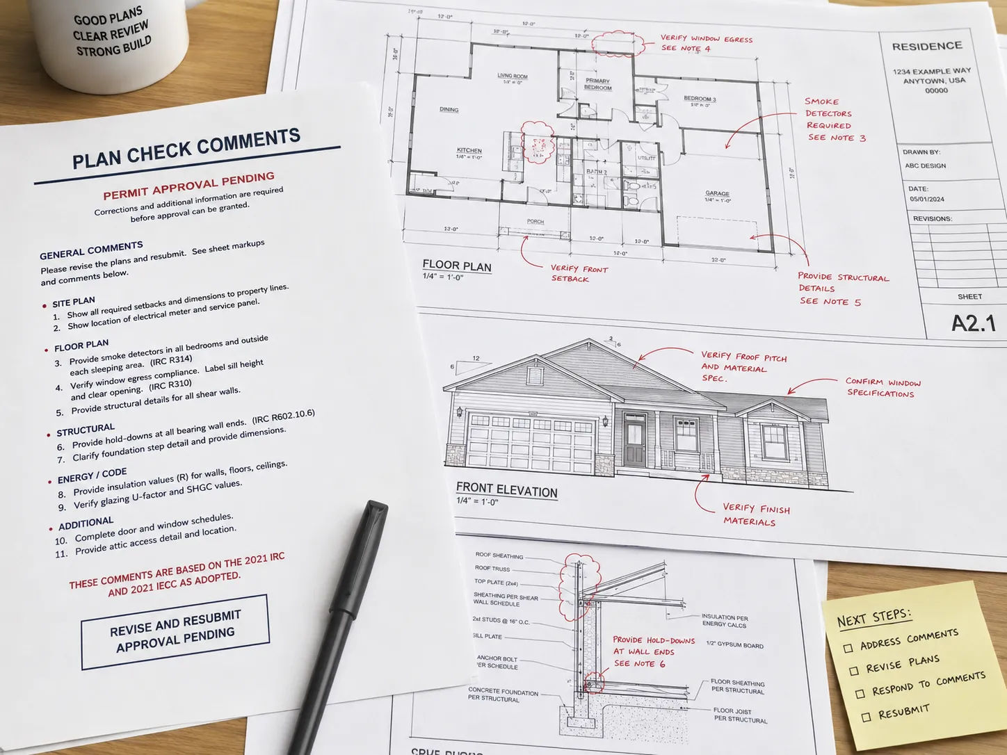 Building department plan check comments on house construction plan requiring corrections before permit approval
