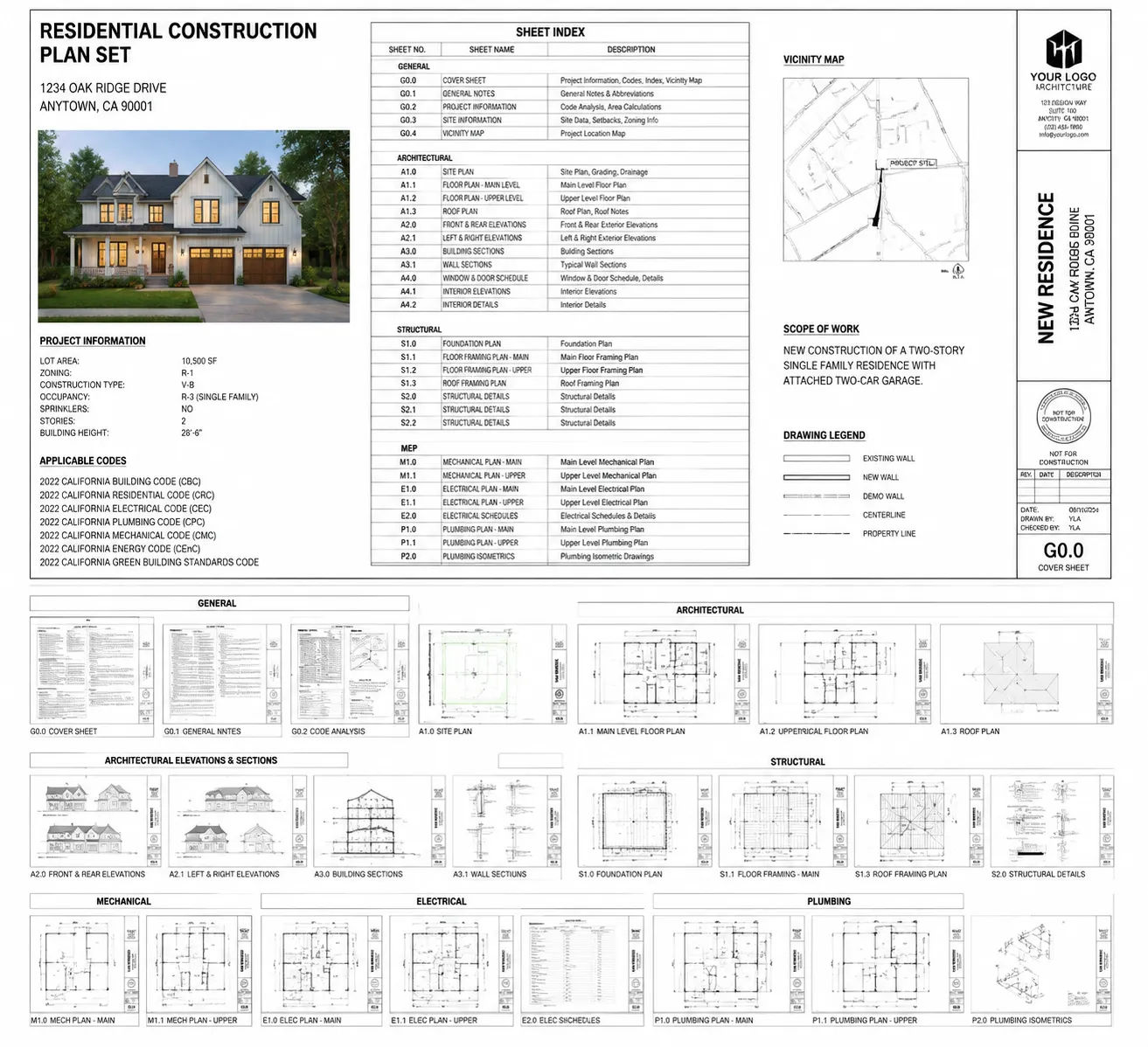 Complete house construction plan permit set showing all required sheets from cover sheet to construction details