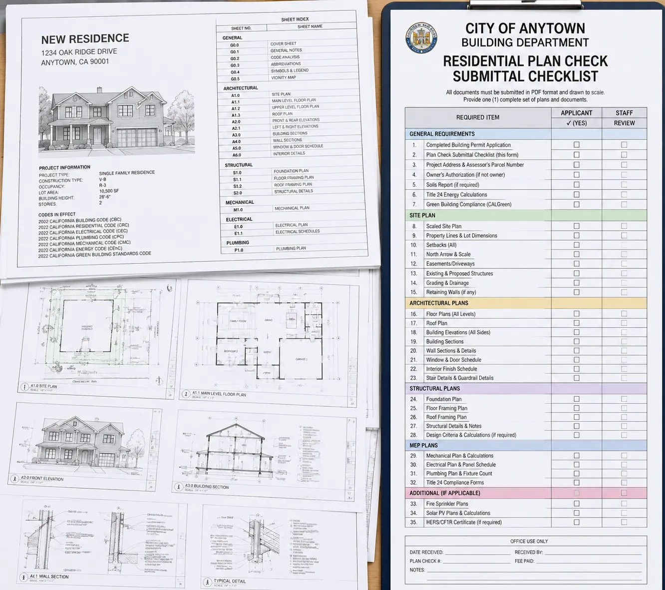 Local building department checklist for house construction plan permit submission requirements