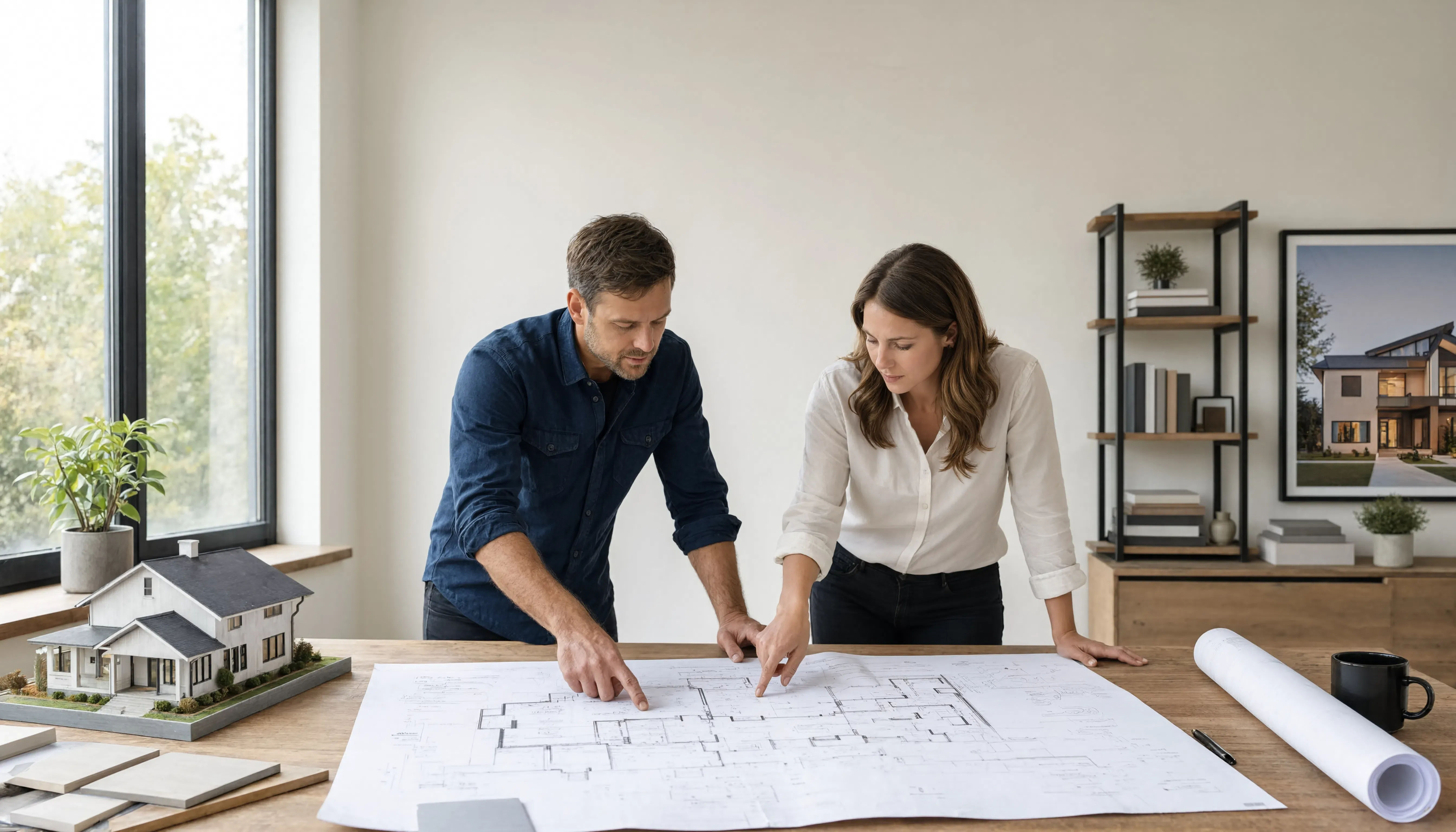 Architect and client reviewing house floor plans with a home model in a modern design office.