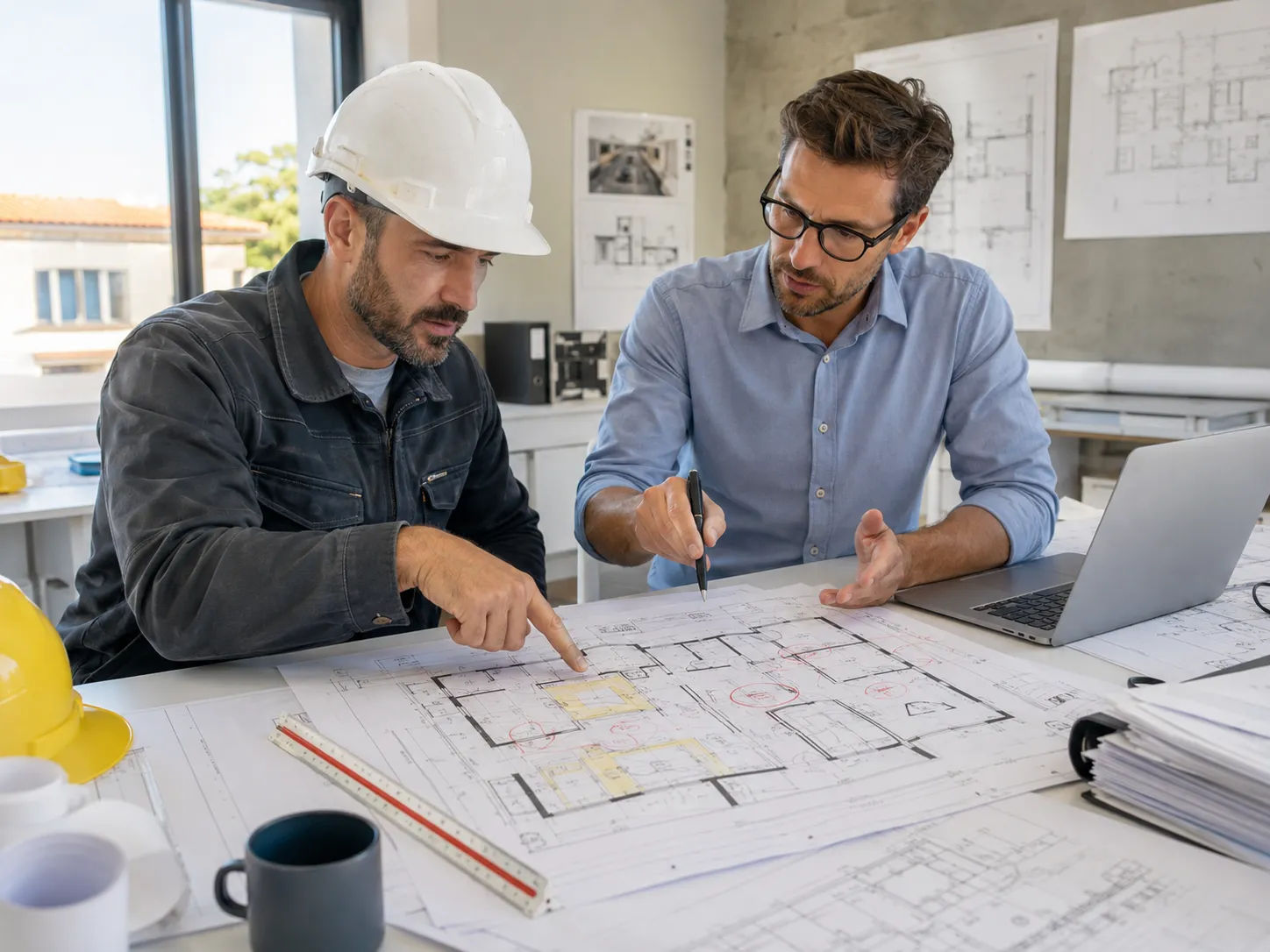 House layout mistake review — contractor and architect identifying floor plan issues before construction