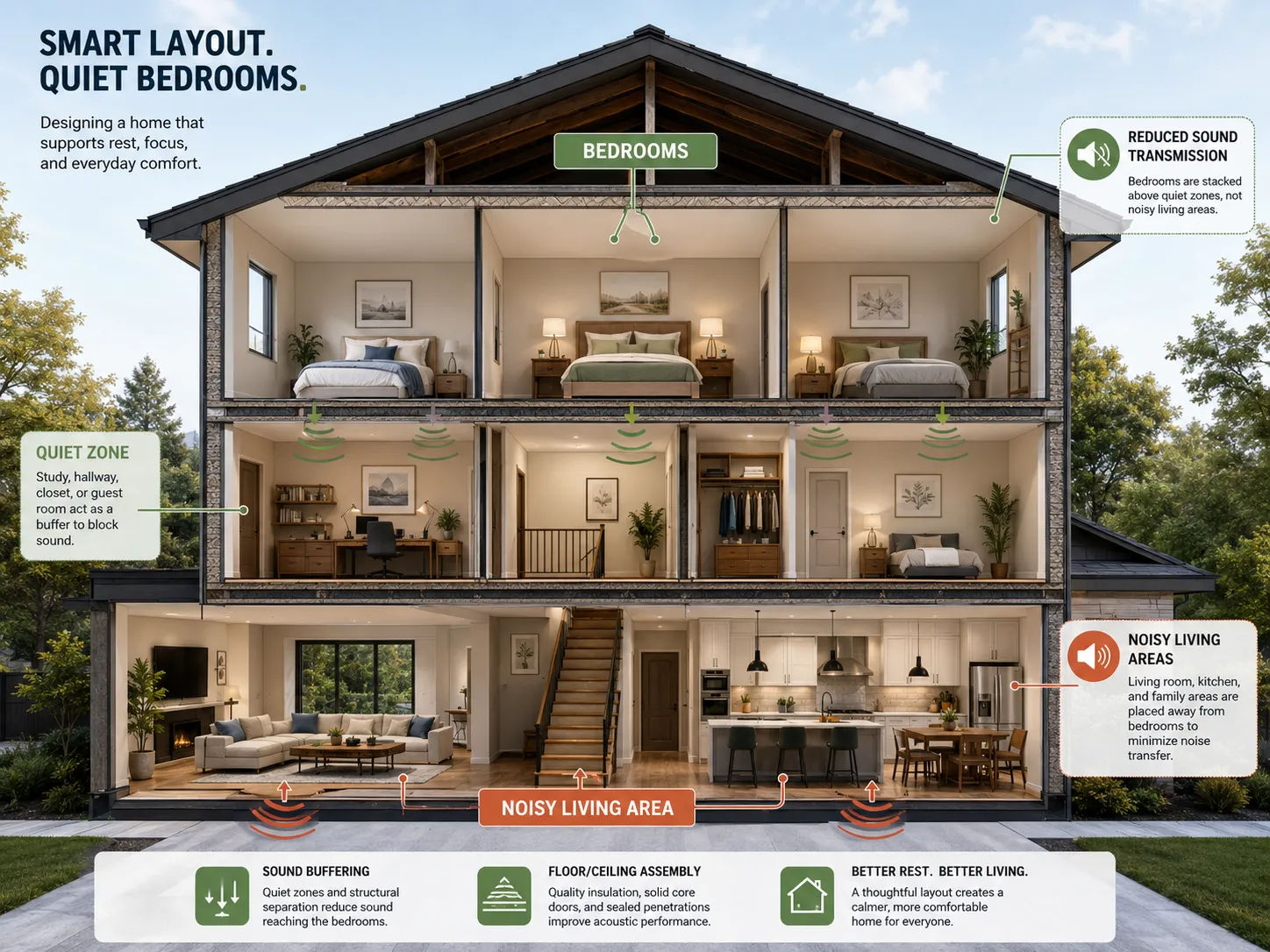 House layout section showing correct bedroom placement above quiet zones to minimize sound transmission