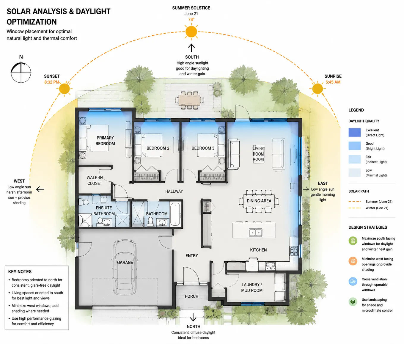 House layout floor plan showing solar angle analysis and window placement for natural light optimization