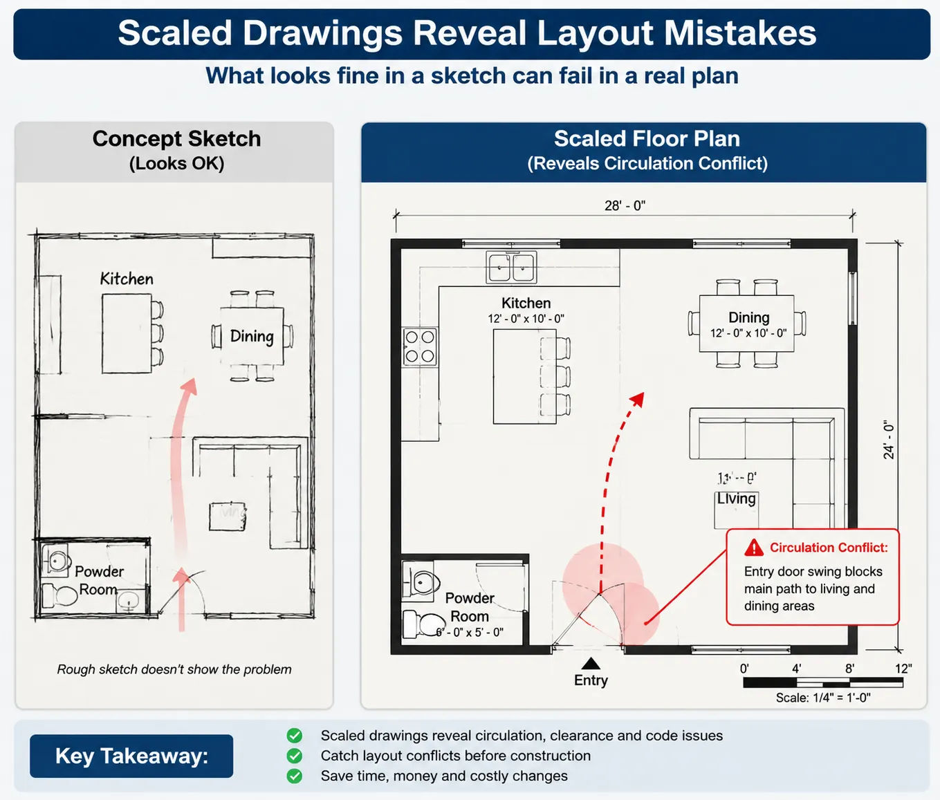 Professional house layout drawing revealing circulation conflict not visible in rough sketch