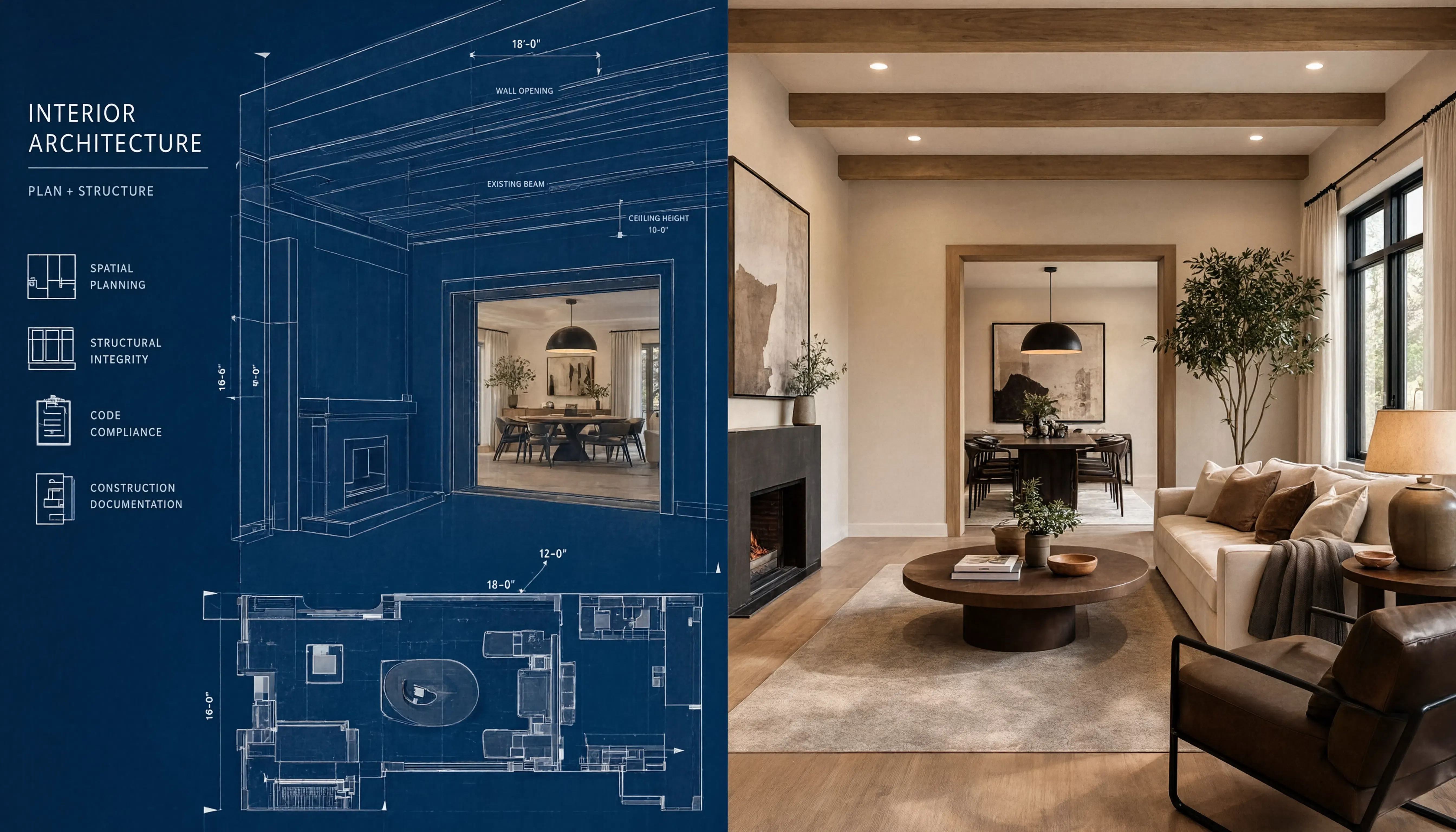 Interior architecture blueprint beside a finished modern living room design with exposed wood beams.