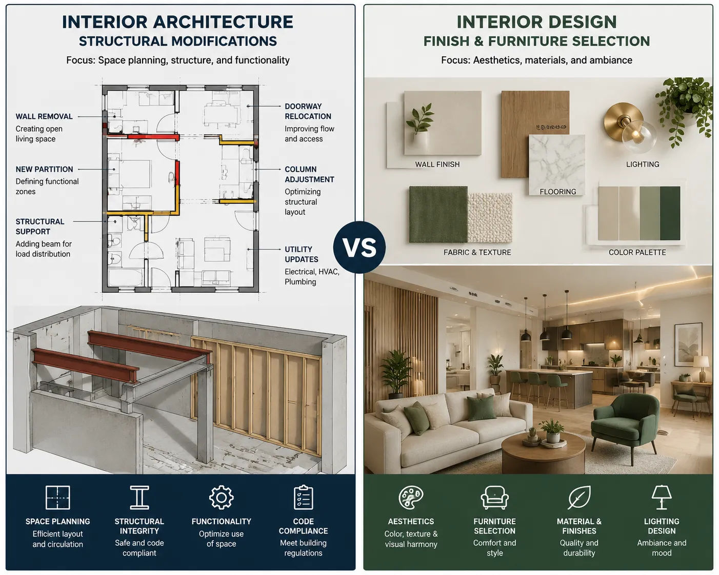 Interior architecture structural planning versus interior design finish and furniture selection comparison