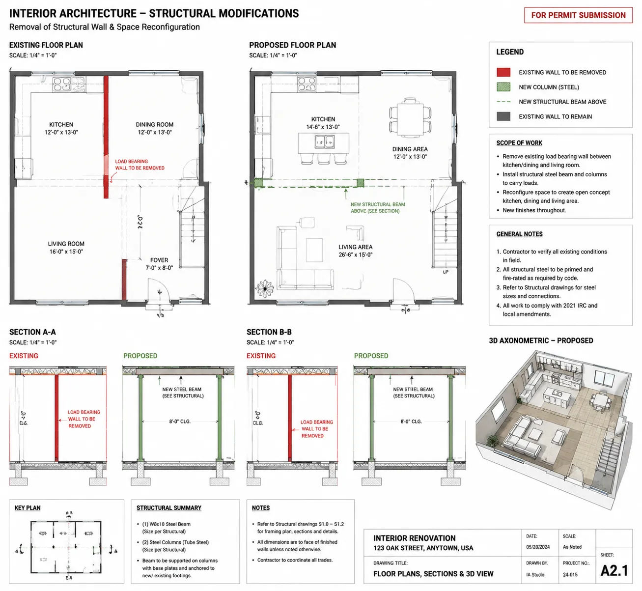 Interior architecture technical drawings showing structural modifications and drafting reconfiguration for permit submission