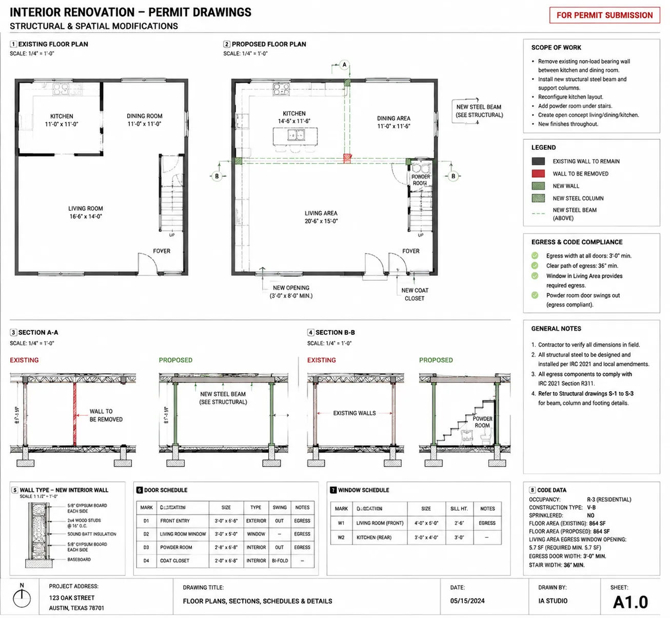 Interior architecture permit drawings for residential renovation showing structural wall modifications and egress compliance