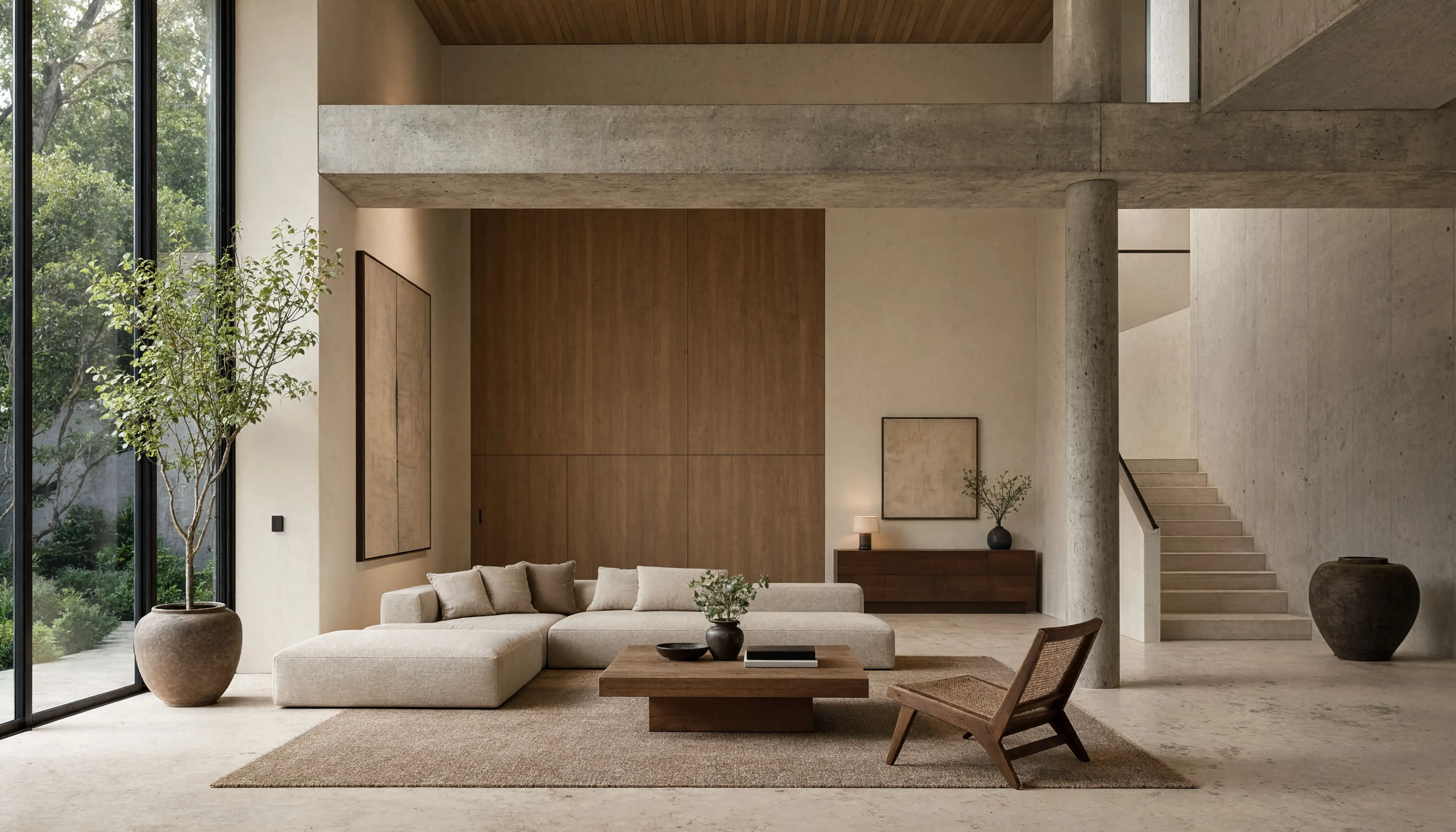 Modern minimalist living room with concrete, wood accents, tall windows and open staircase.