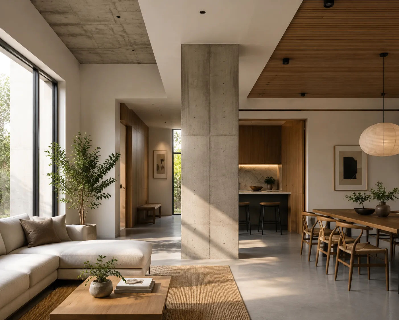 Interior design architecture showing structural column integrated into drafting composition with natural light and material palette