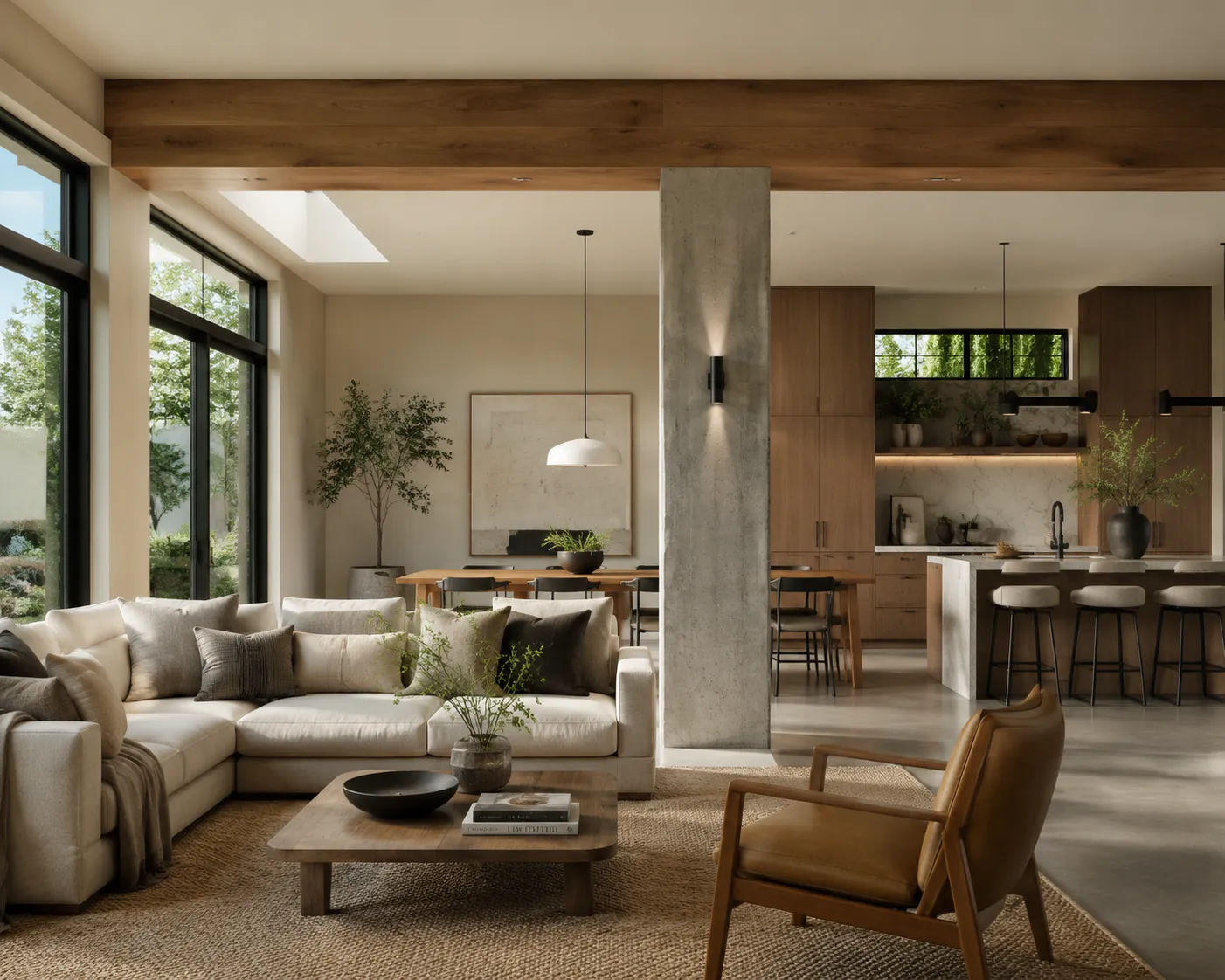 Interior design architecture demonstrating room proportion, natural daylight quality and structural beam integration