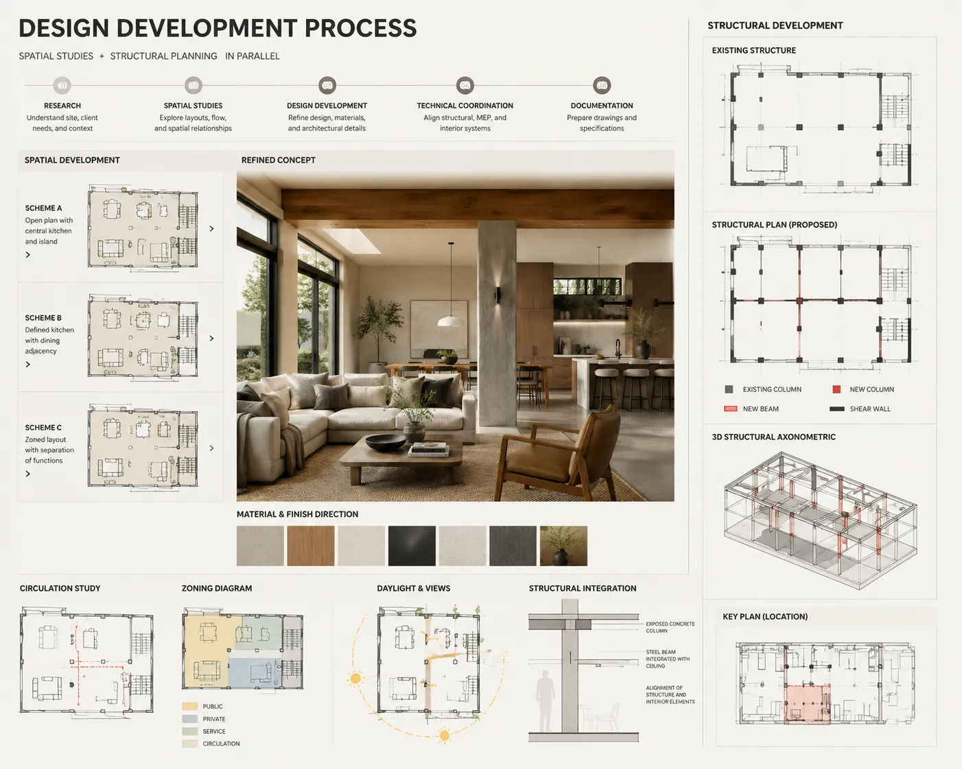 Interior design architecture development process showing drafting studies and structural planning in parallel