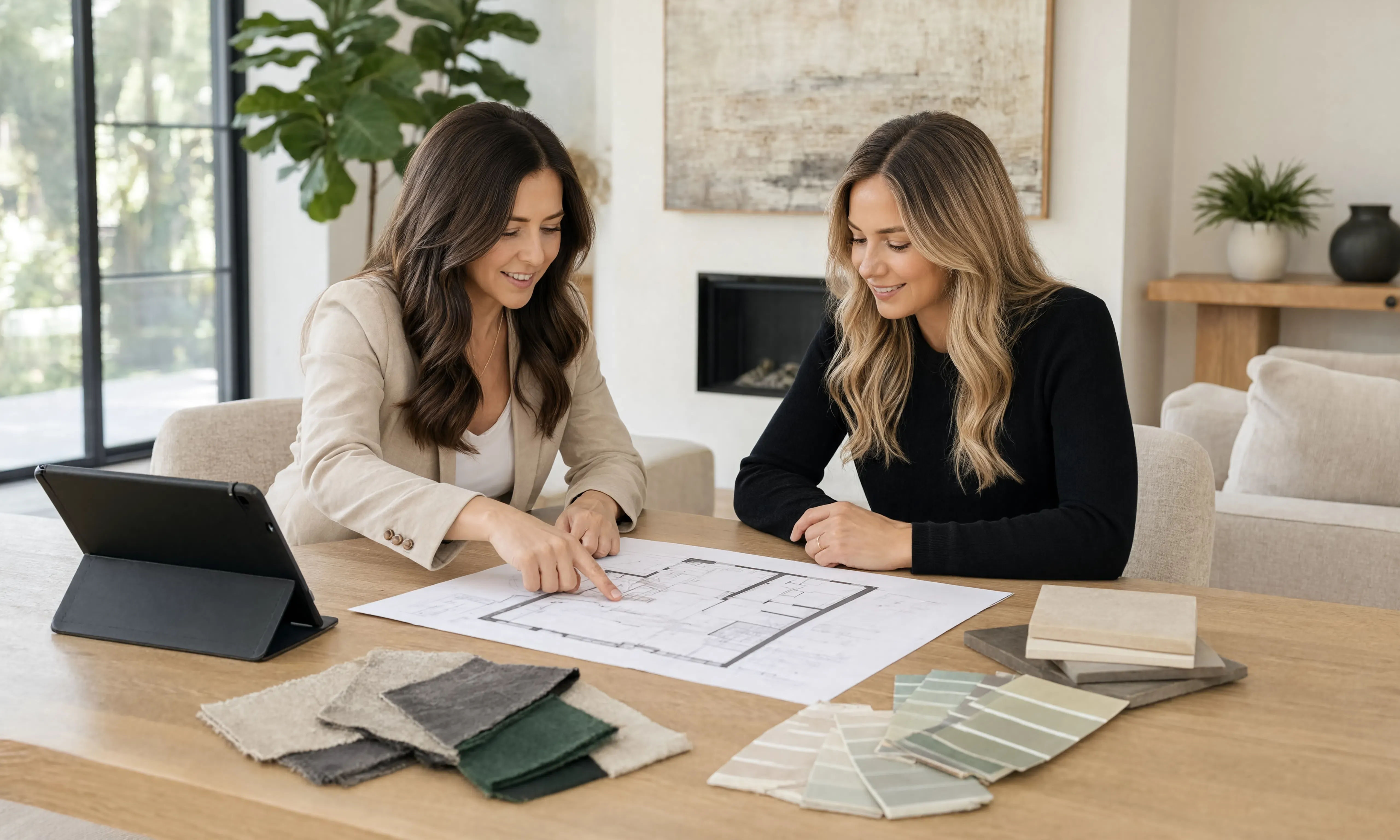 Designer reviewing floor plan with client, fabric samples and paint swatches in a modern home.