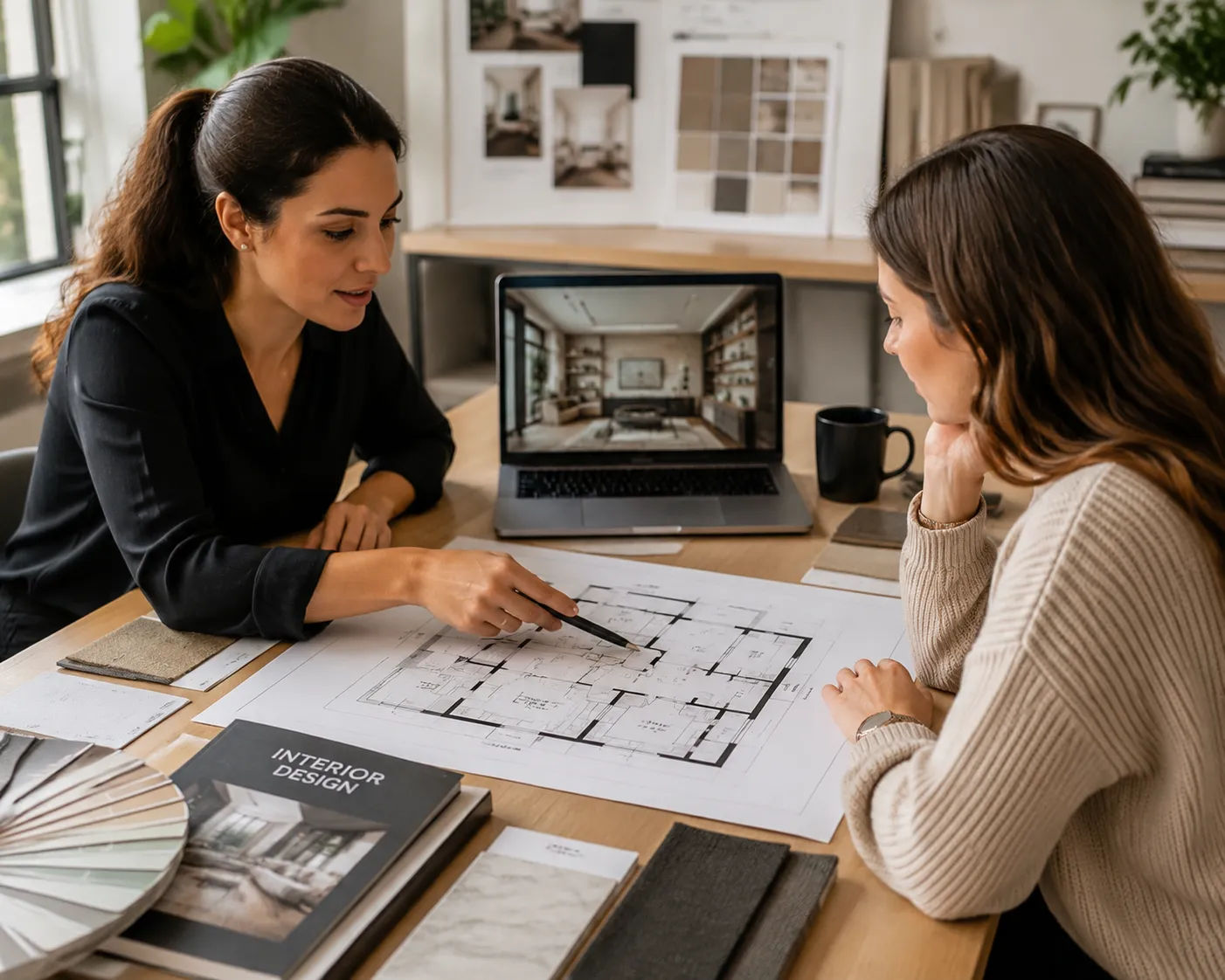 Professional interior design planning session showing homeowner reviewing room layout with interior design team