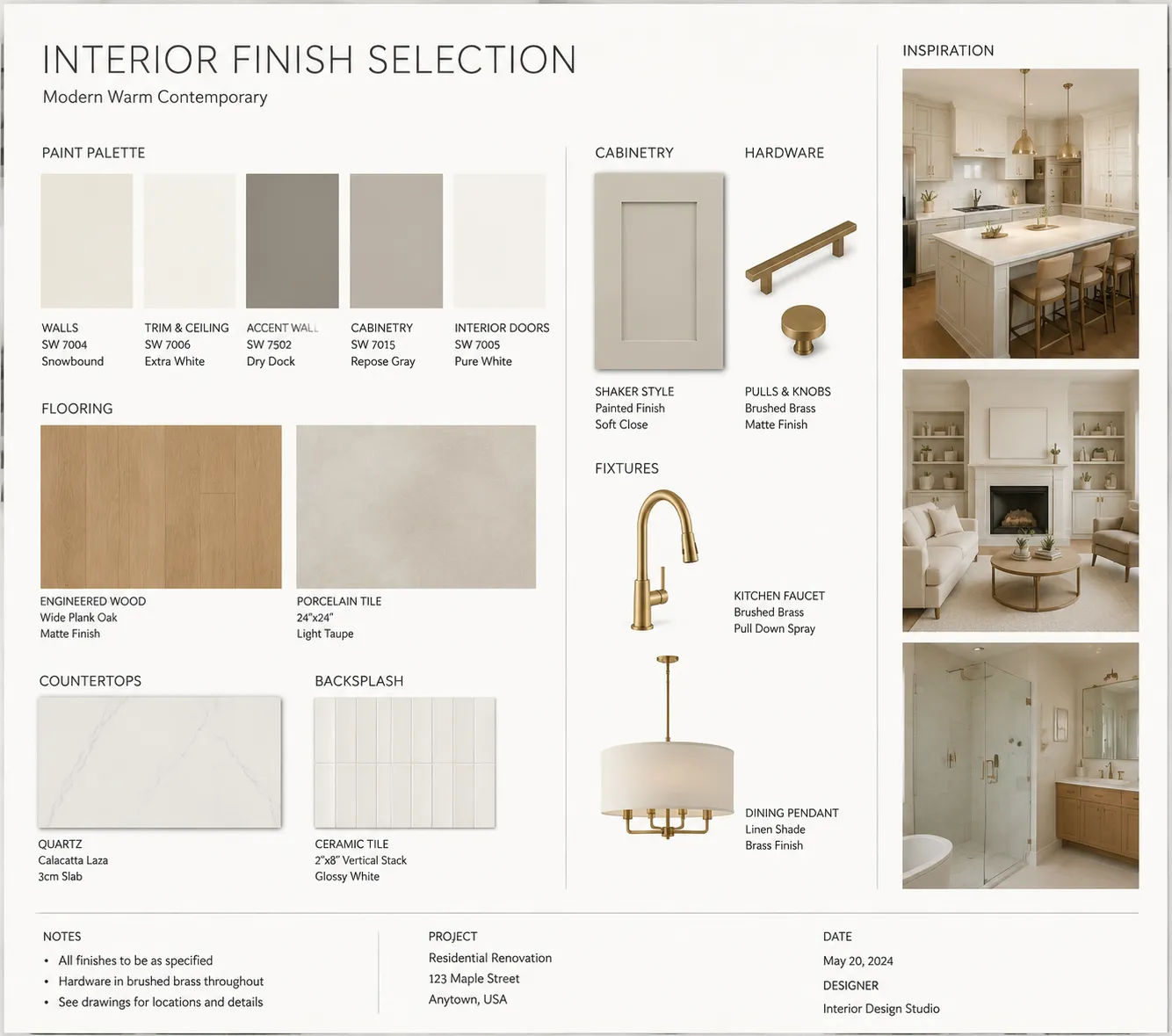 Interior design finish selection and specification board showing coordinated materials for residential project