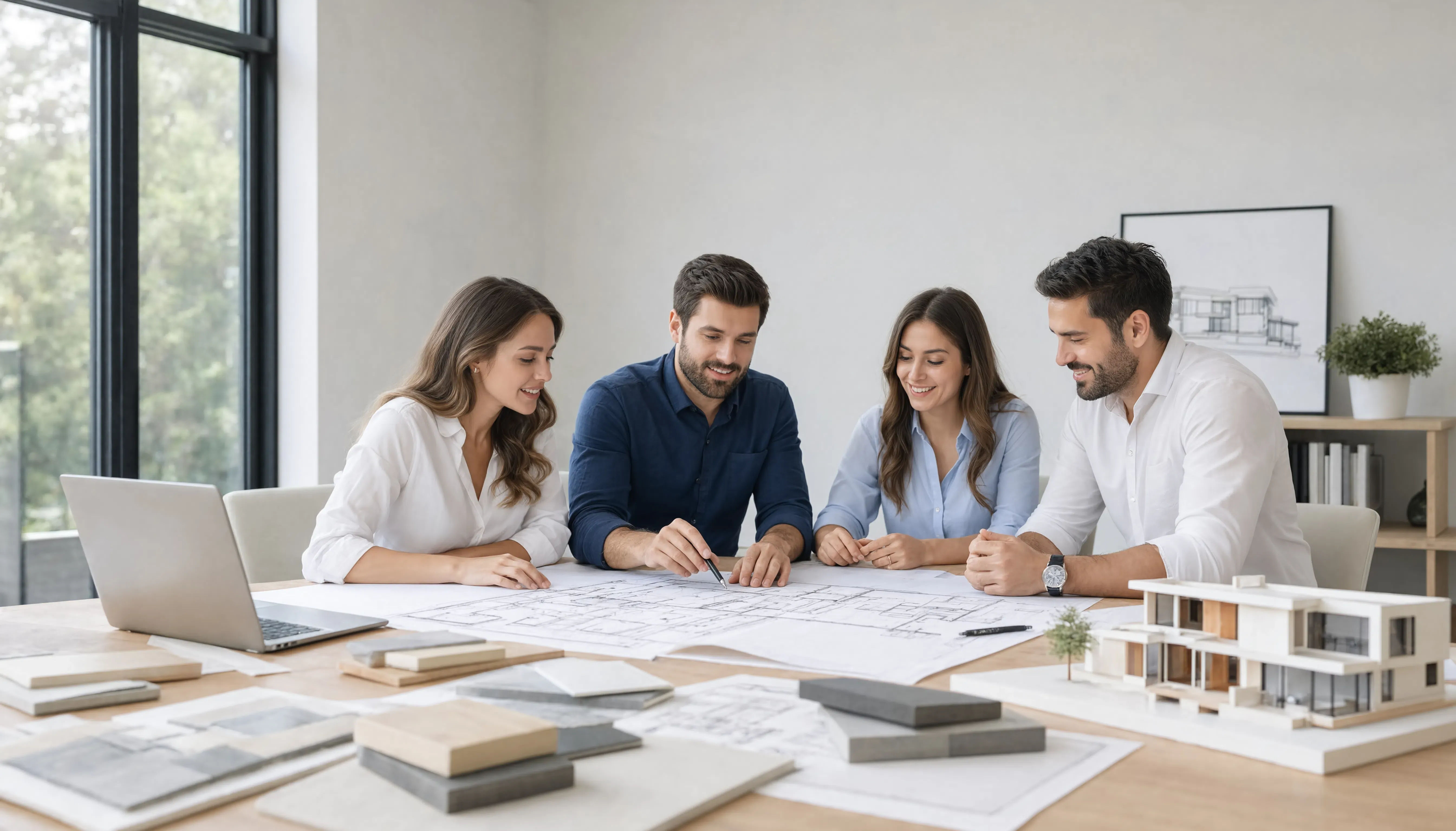 Architects and clients reviewing blueprints at a table with a modern building model